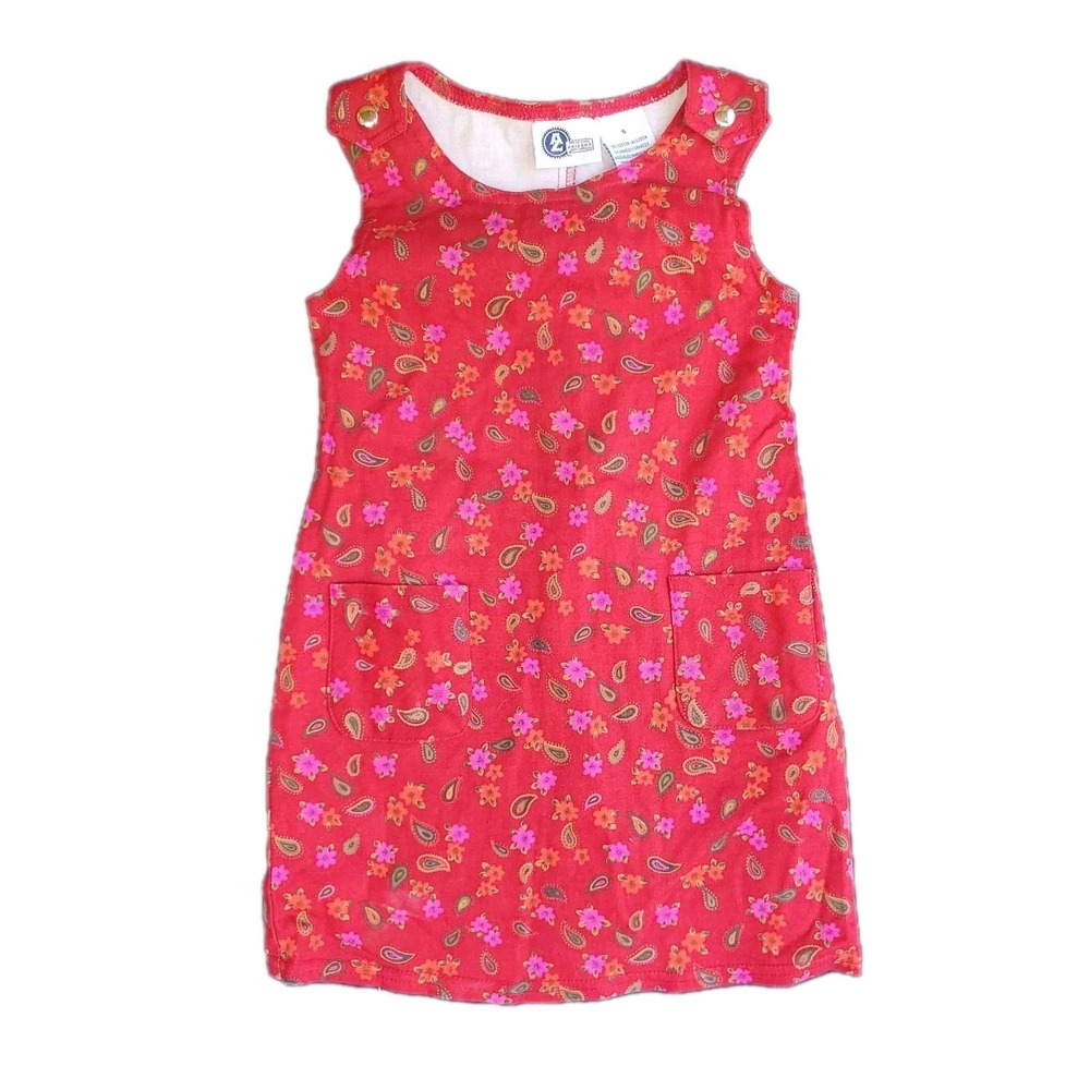 Vtg Arizona Jean Co Size 5 Girls Red Floral Paisley Tank Jumper Dress w/ Pockets